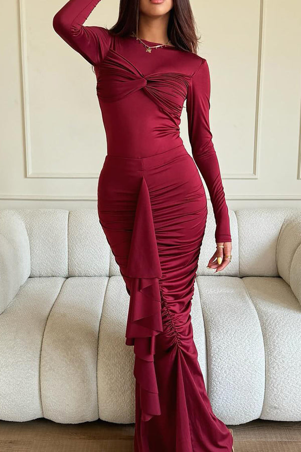 Gweeks - Crimson Elegance Drapeli Maxi Elbise - gweeks.com