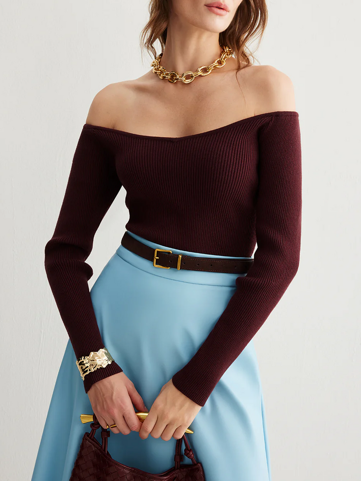Gweeks - Crimson Elegance Omuz Dekolteli Triko - gweeks.com