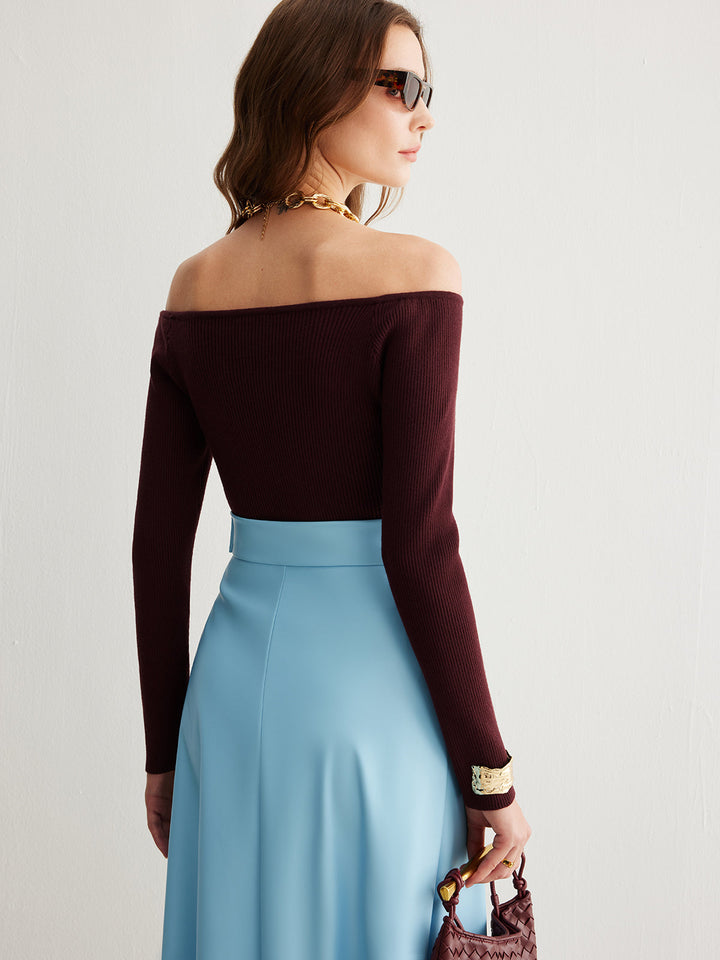 Gweeks - Crimson Elegance Omuz Dekolteli Triko - gweeks.com