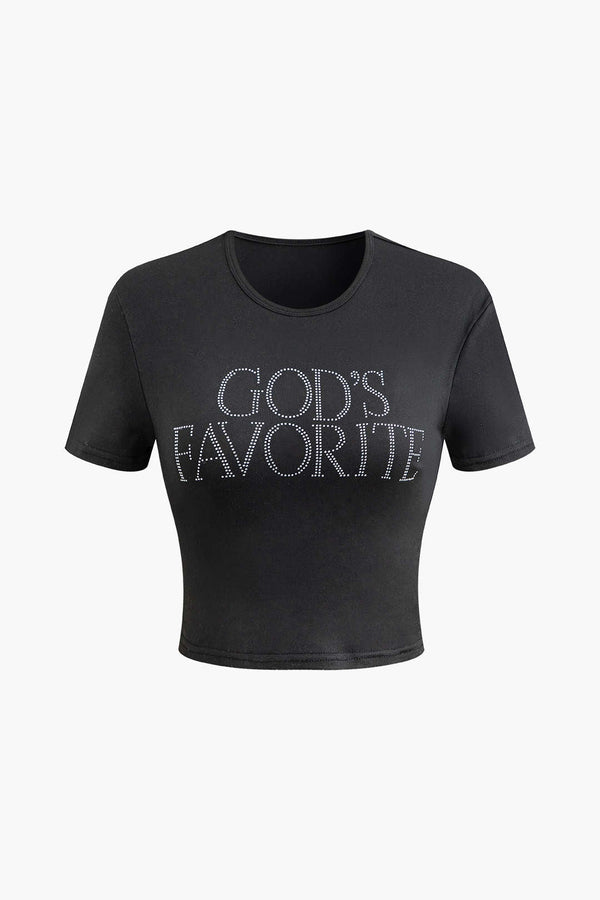 Gweeks - "God's Favorite" Taş Detaylı Crop T-Shirt - gweeks.com