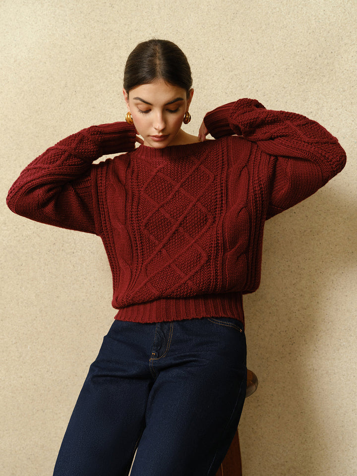 Gweeks - Kırmızı Örgü Detaylı Triko Kazak - gweeks.com