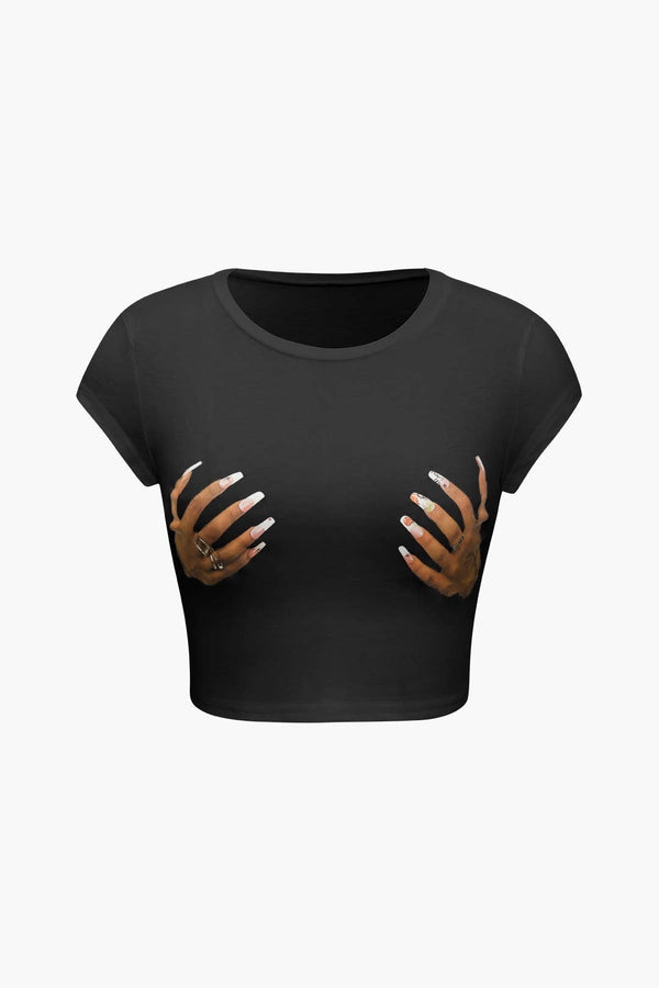 Gweeks - "Minimal Hands" Baskılı Crop T-Shirt - gweeks.com