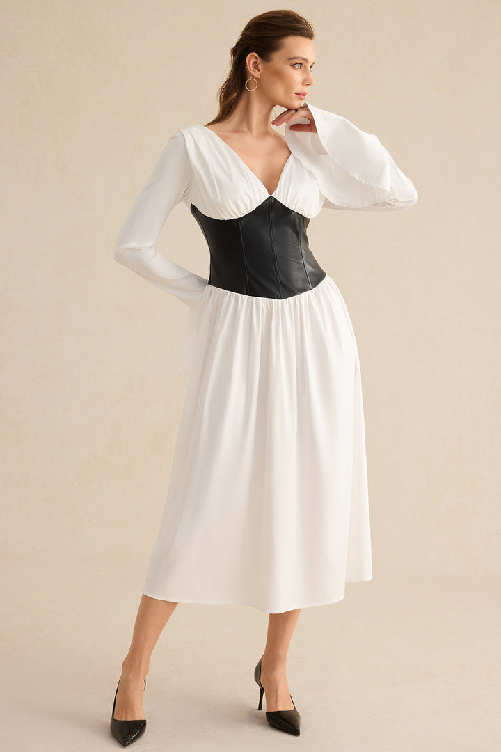 Gweeks - Monarch Kontrast Korse Detaylı Midi Elbise - gweeks.com