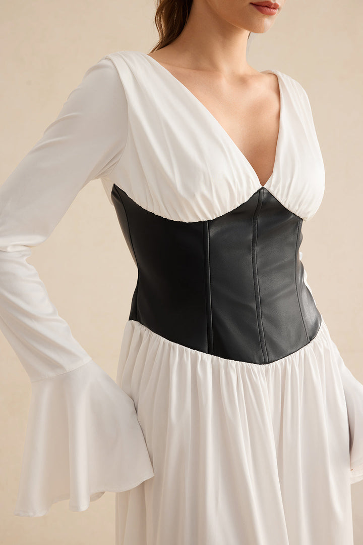 Gweeks - Monarch Kontrast Korse Detaylı Midi Elbise - gweeks.com