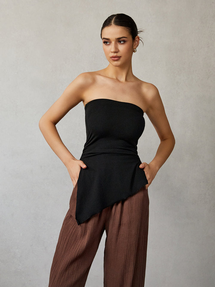 Gweeks - Noir Strapless Asimetrik Bluz - gweeks.com