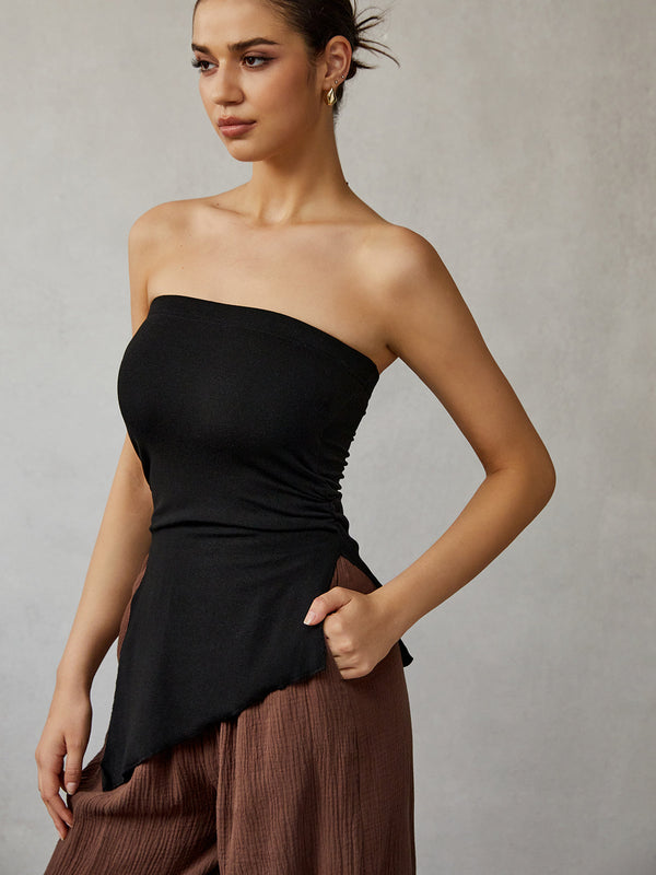 Gweeks - Noir Strapless Asimetrik Bluz - gweeks.com