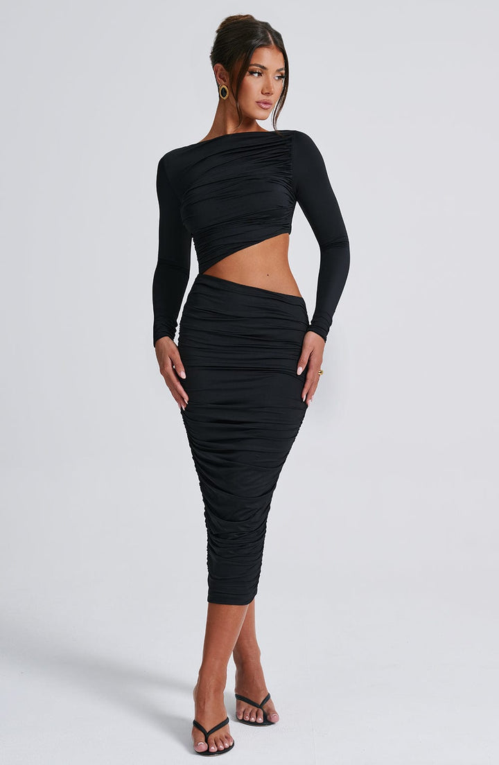 Gweeks - Rylee Asimetrik Siyah Midi Elbise - gweeks.com