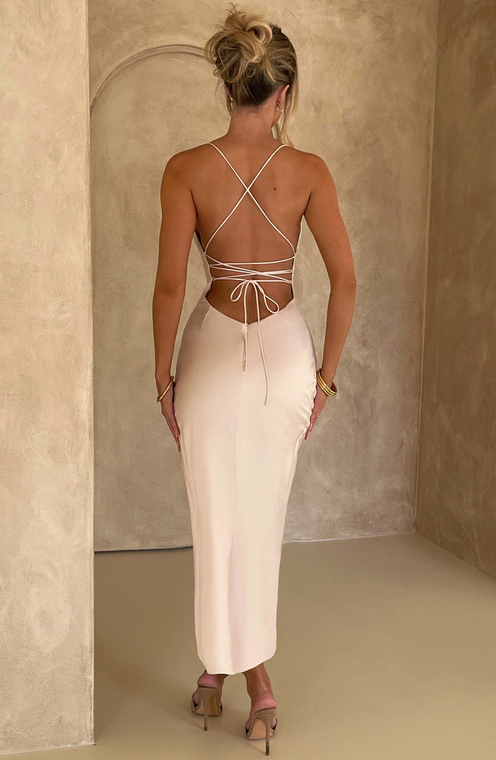 Gweeks - Satin Serenity Drapeli Yırtmaç Detaylı Elbise - gweeks.com