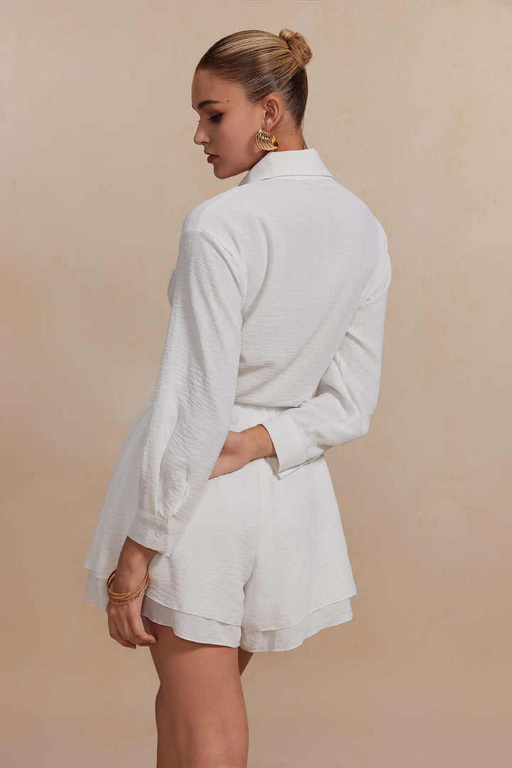 Gweeks - Solid Long-Sleeve Shirt And Ruffle Short Set - gweeks.com