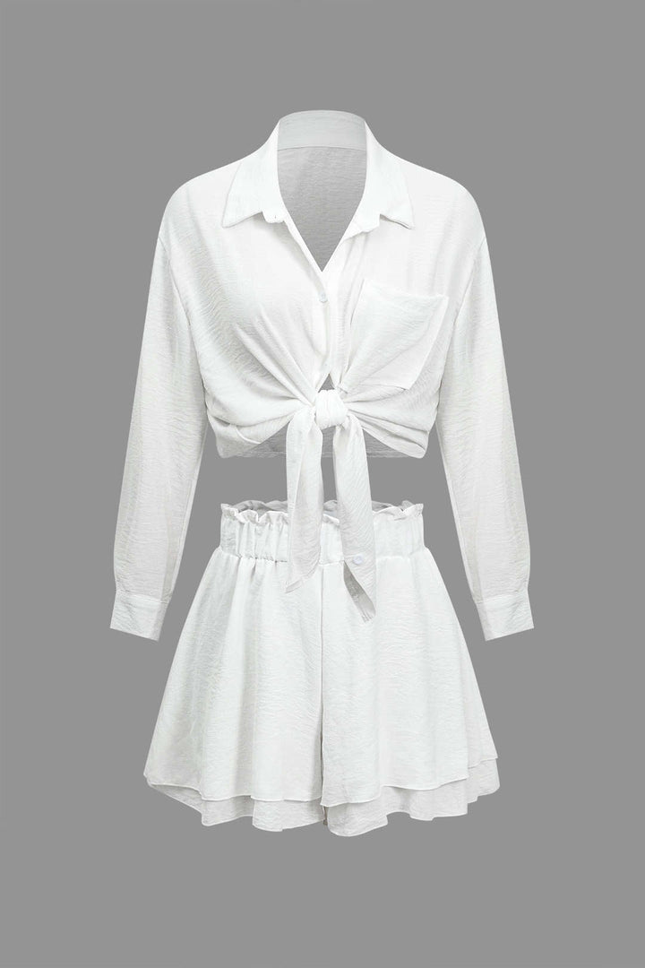 Gweeks - Solid Long-Sleeve Shirt And Ruffle Short Set - gweeks.com