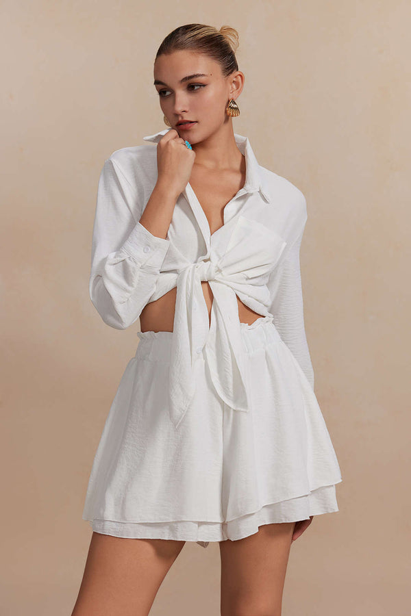 Gweeks - Solid Long-Sleeve Shirt And Ruffle Short Set - gweeks.com