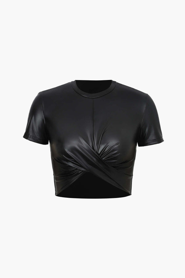 Gweeks - Twist Elegance Faux Leather Crop T-Shirt - gweeks.com